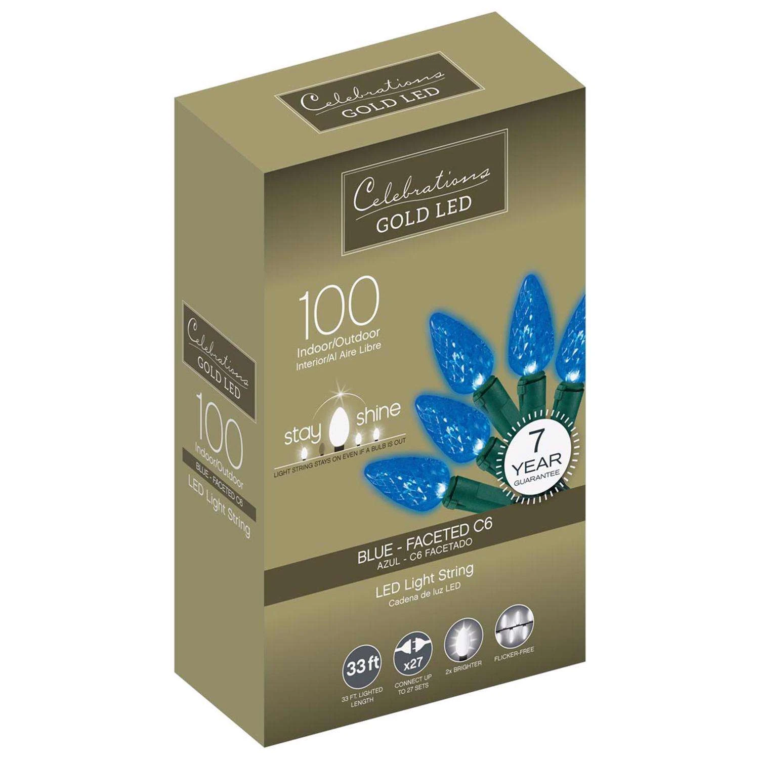 Celebrations Gold LED C6 Blue 100 Ct String Christmas Lights 33 Ft. 3 Celebrations Gold LED C6 Blue 100 Ct String Christmas Lights 33 Ft.