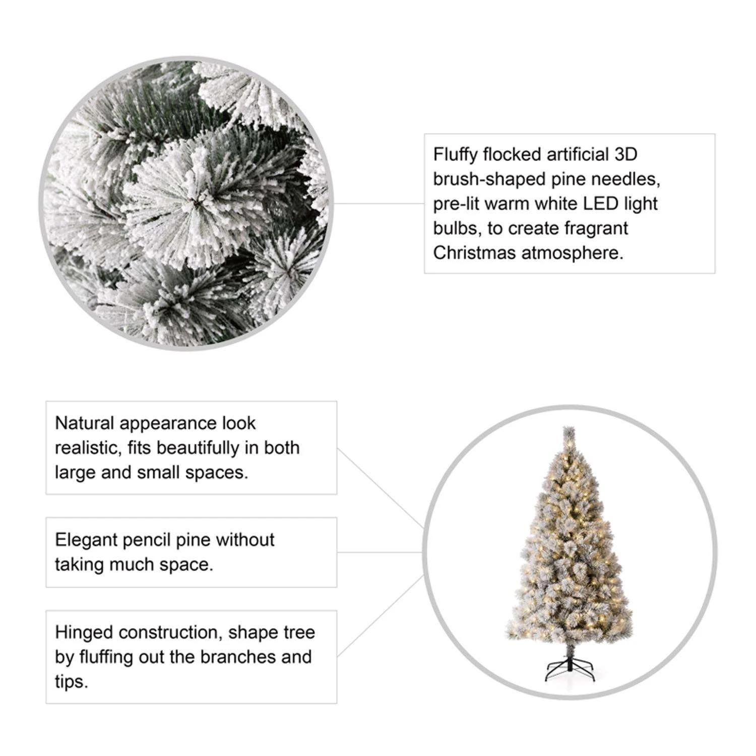 Glitzhome 6 Ft. Pencil LED 300 Ct Snow Flocked Pencil Pine Christmas Tree 8 Glitzhome 6 Ft. Pencil LED 300 Ct Snow Flocked Pencil Pine Christmas Tree - Image 6