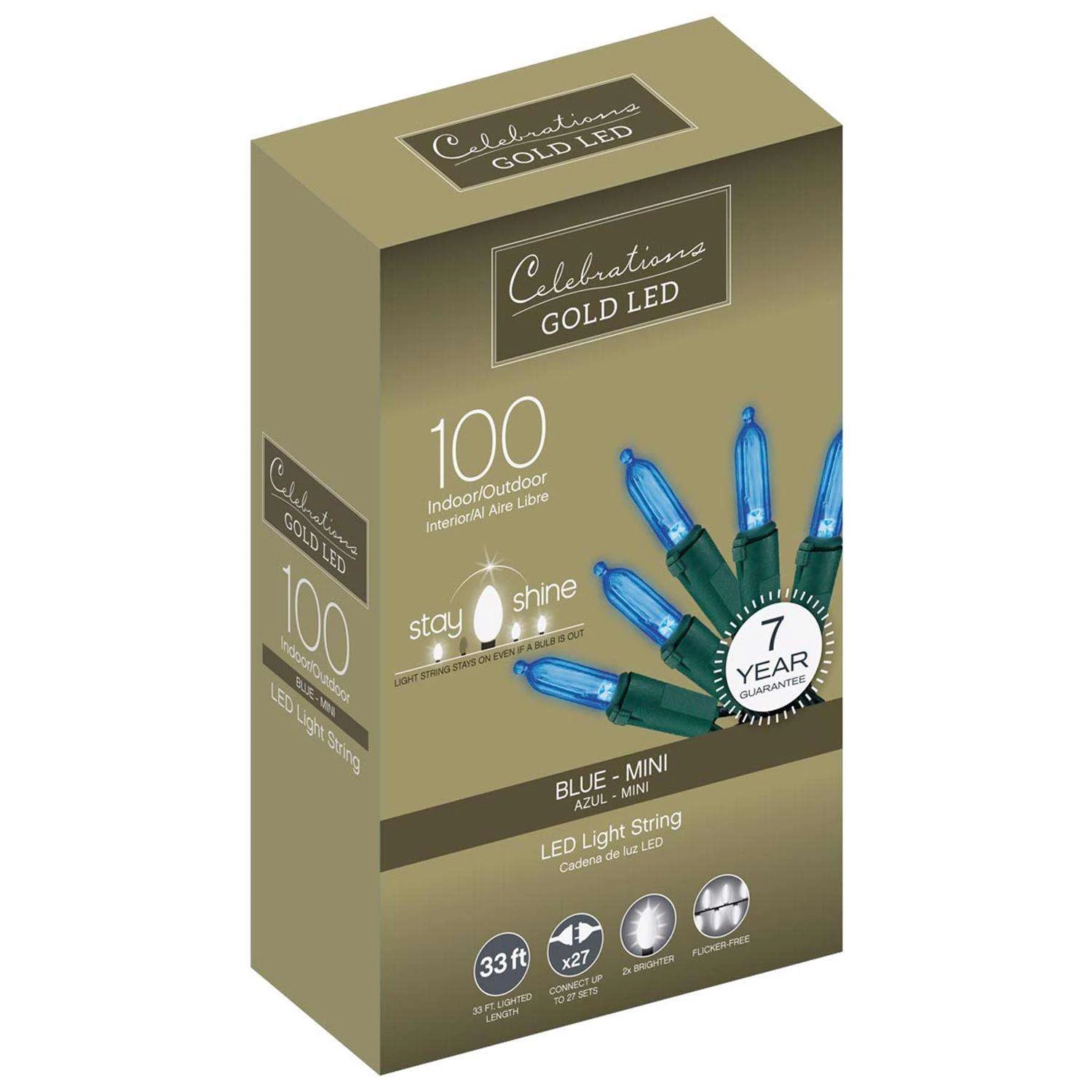 Celebrations Gold LED Mini Blue 100 Ct String Christmas Lights 33 Ft. 3 Celebrations Gold LED Mini Blue 100 Ct String Christmas Lights 33 Ft.