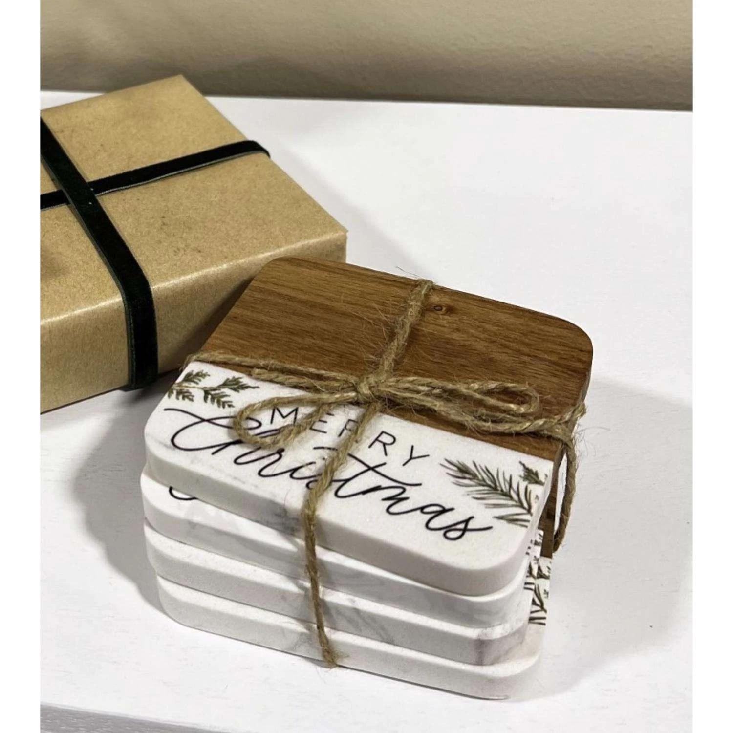 P Graham Dunn Brown/White Merry Christmas Coaster 1 In. 4 P Graham Dunn Brown/White Merry Christmas Coaster 1 In. - Image 2